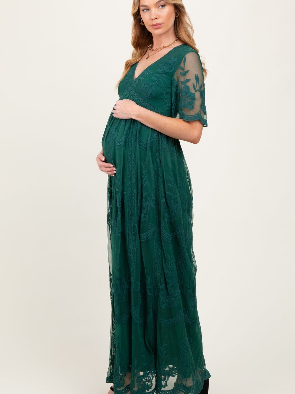 Pinkblush Maternity Forest Green Lace Maxi Dress with V-Neck - Picture 2 of 5